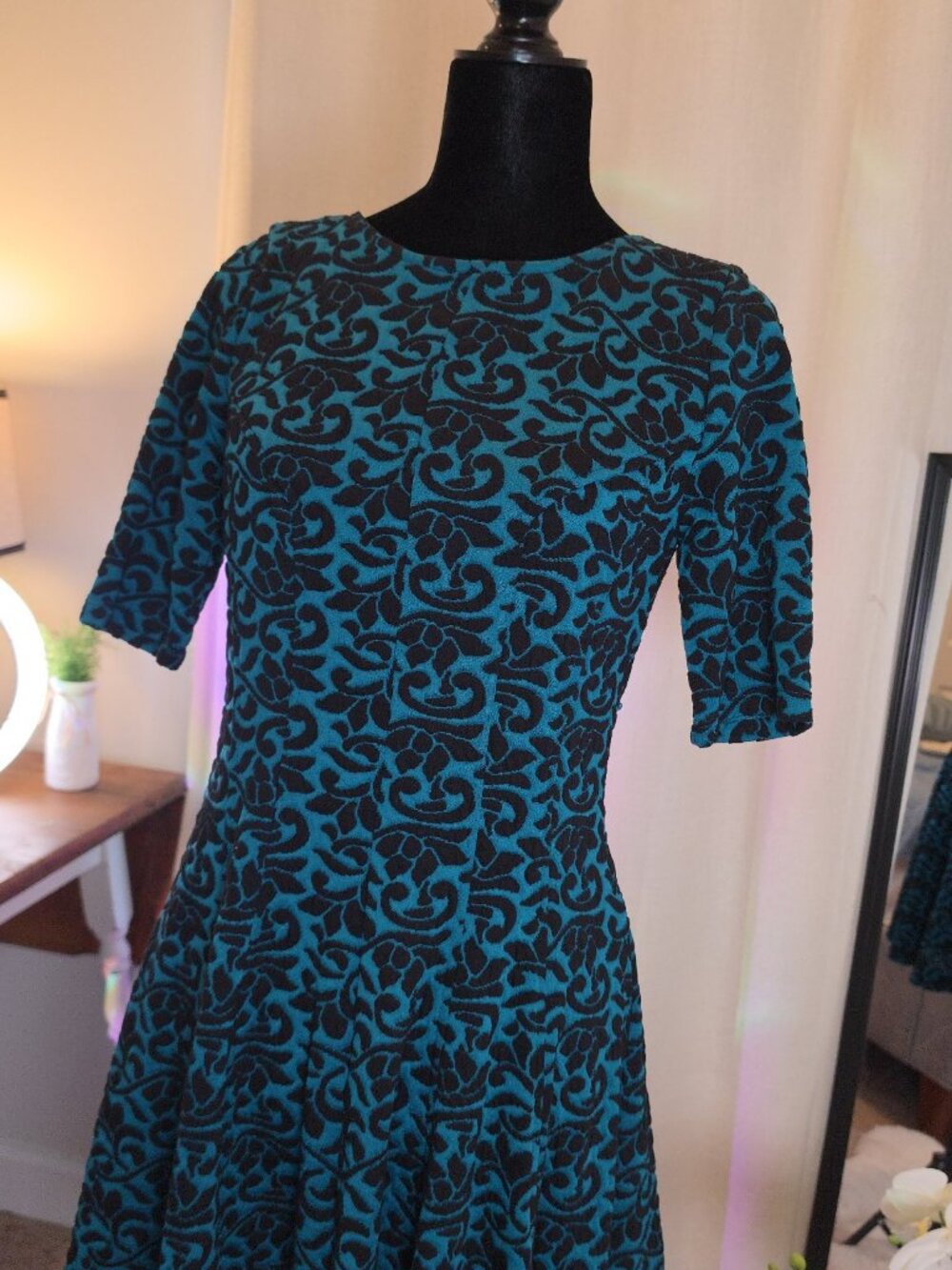 Danny & Nicole Teal Damask Fit & Flare Dress Size M